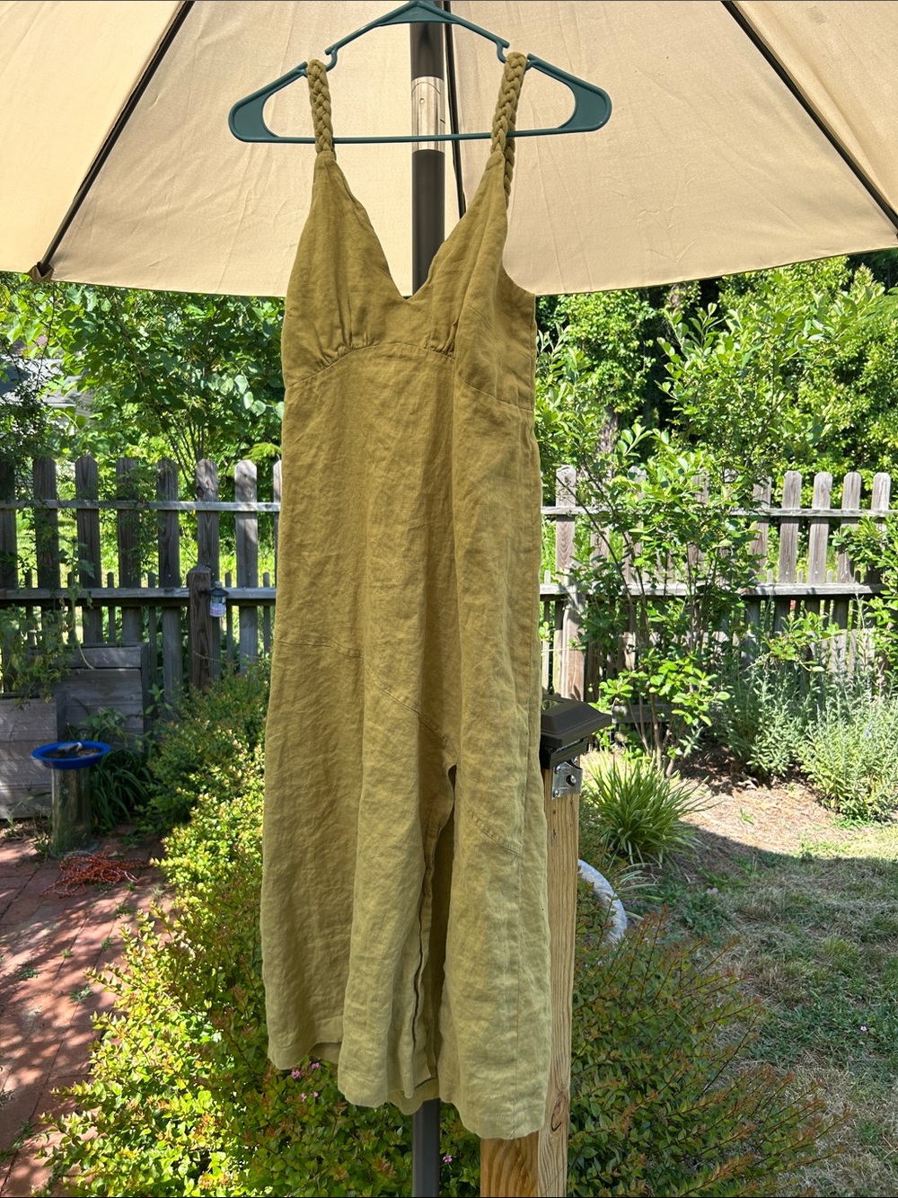 Linen V-Neck Braided Strap Dress in Olive